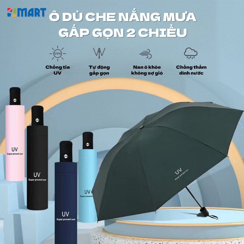 Ô dù gấp gọn tự động chống tia UV che nắng che mưa, khung chắc chắn và bền, vải chống thấm cực tốt.