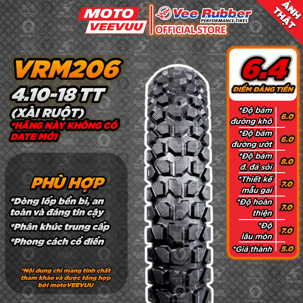 [MTVV] Lốp vỏ xe máy VEE RUBBER 4.10-18 TT VRM206 (Lốp xài ruột VeeRubber)<END>