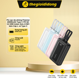Pin sạc dự phòng Polymer 20000mAh Type C PD QC 3.0 30W Anker Zolo A1681 kèm Cáp L và Type C