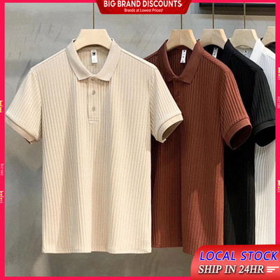 Áo Thun Polo Dệt Kim Tay Ngắn Dáng Rộng Họa Tiết Kẻ Sọc Phong Cách Hàn Quốc Thời Trang Cho Nam