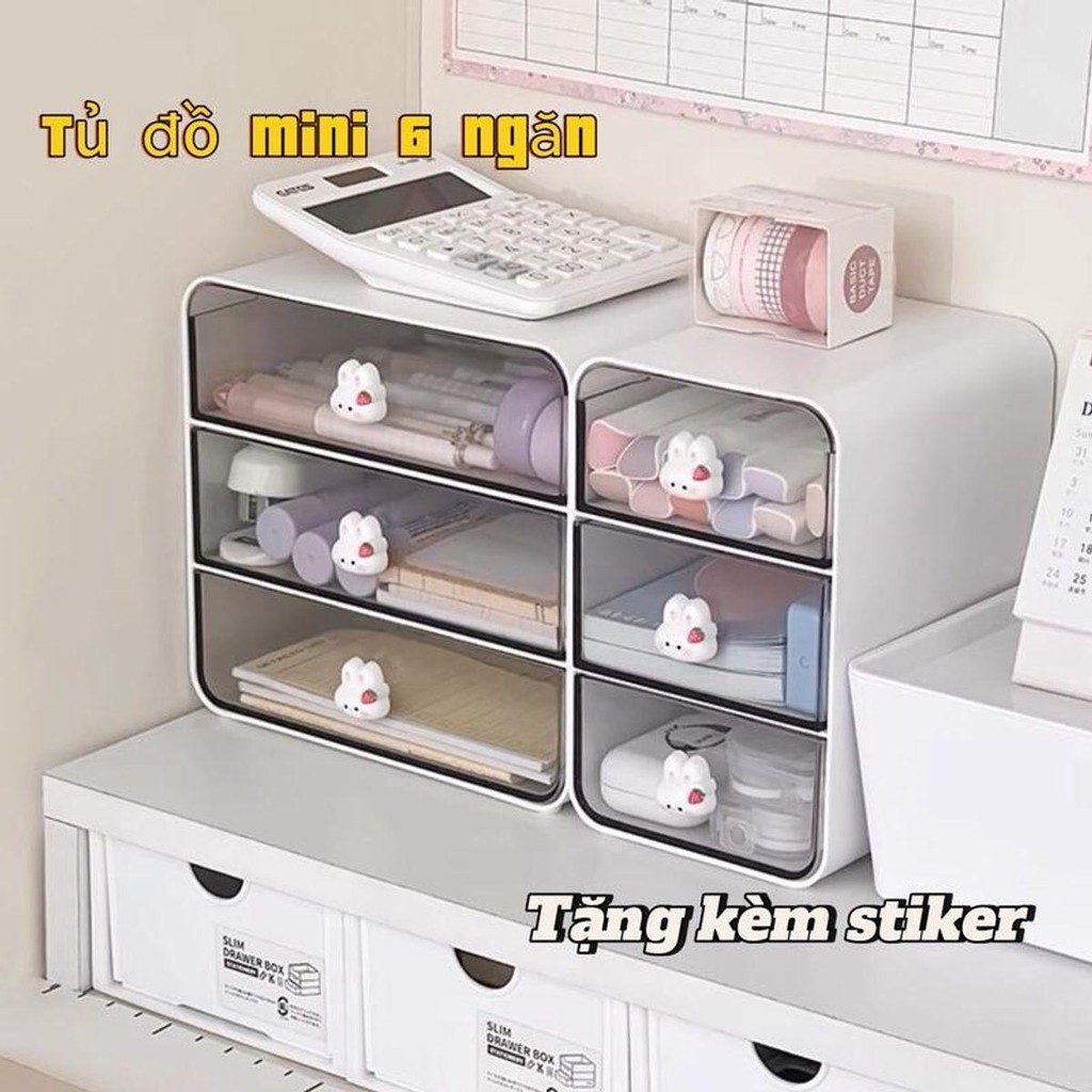 Kệ để bàn 6 ngăn kéo, tủ mini đặt bàn đựnġ đồ đạc văn phòng phẩm tay kéo thỏ/heo xᶖnh  decor bàn học