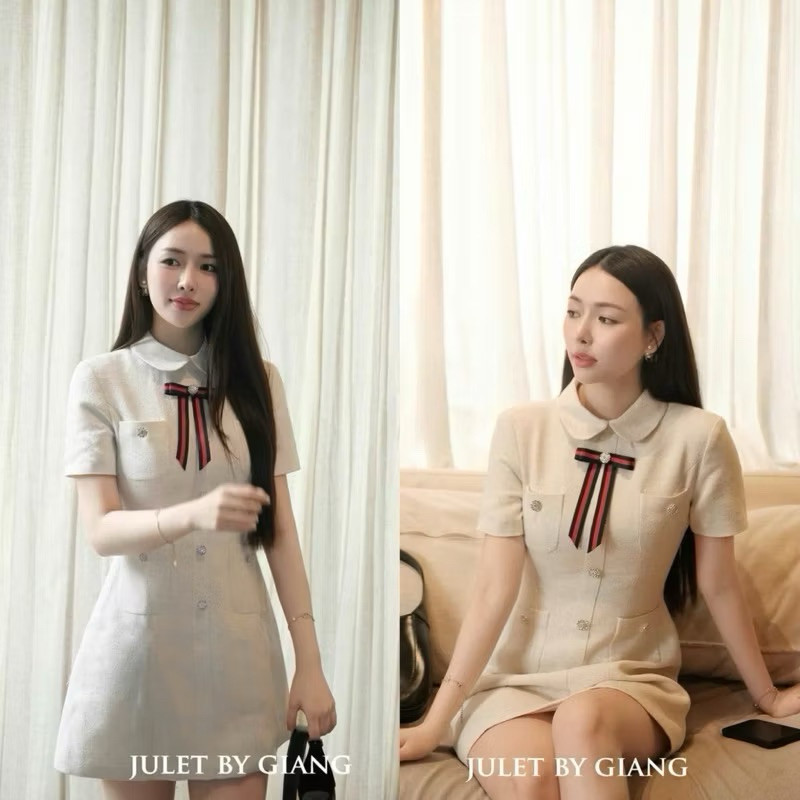 Váy Dạ Tex 2 Lớp Dáng Chữ A Khuy Đá Nơ Thome Sáng Chảnh (form ngắn) Yealna A67