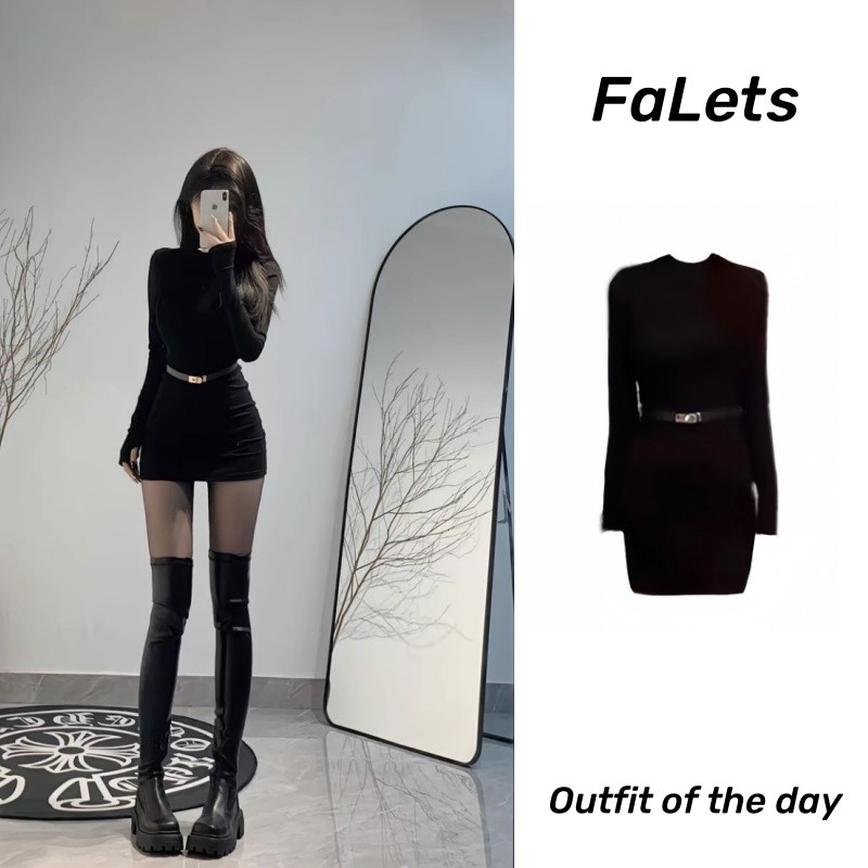  Váy body đen ngắn Đầm Dệt Kim Nữ Dài Tay Cổ Lọ Thời Trang 