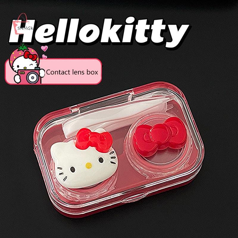 Shngki Đỏ Sanrio Hello Kitty Kính Áp tròng Hộp Nơ Di Động Hộp Ống Kính Tiếp Xúc Bé Gái Quà Tặng Du Lịch Hộp Bảo Quản Phụ Kiện MNS