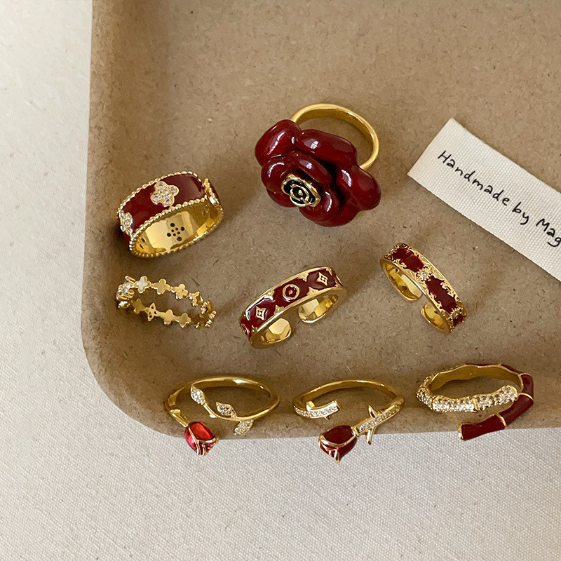 Nhẫn mở hoa màu đỏ Nữ Retro Thời trang thanh lịch