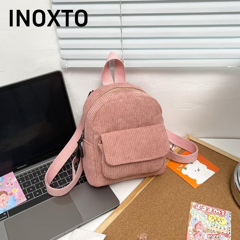 INOXTO Ba Lô Đi Học / Du Lịch mini Vải Nhung Kẻ Màu Trơn Siêu Nhẹ Thời Trang