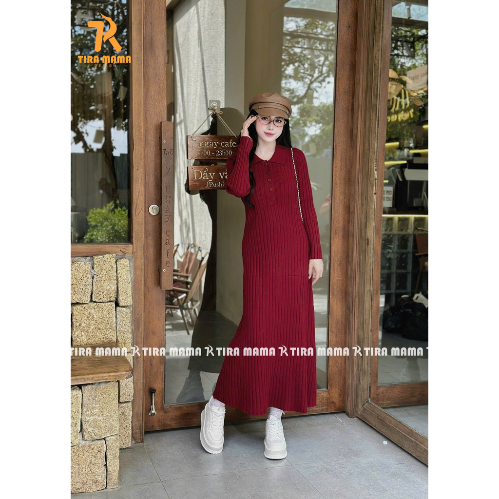  Váy len dáng dài TIRA MAMA V1754 Váy bầu váy tăm xoè cổ polo bầu bí bon chen Váy len dáng dài 
