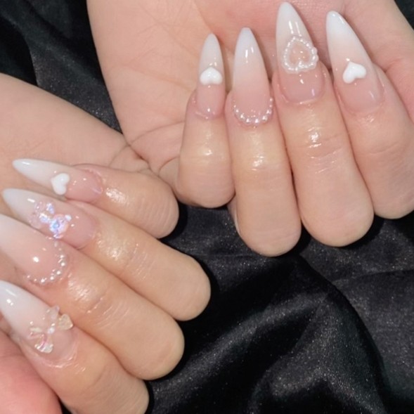 Gradient Press on Nails Almond Pointed Fake Nails Set with Glue Pearl Bow Móng tay giả