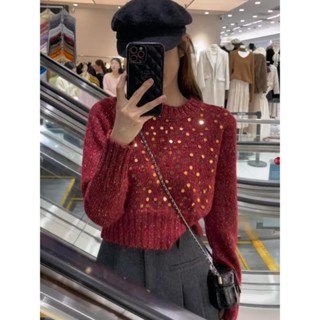 Jiashuchen Phong Cách Pháp Tính Khí Đẹp Áo Len Đính Kim Sa Lấp Lánh Thu Đông Phong Cách Mới Nữ Công Nghiệp Nặng Cổ Tròn Đỏ Lười Phong Cách Áo Len