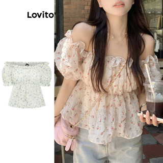 Áo kiểu Lovito có áo trễ vai tay bồng cổ lai bèo xếp nếp họa tiết hoa nhí thường ngày cho nữ LNA16141 (Nhiều màu)