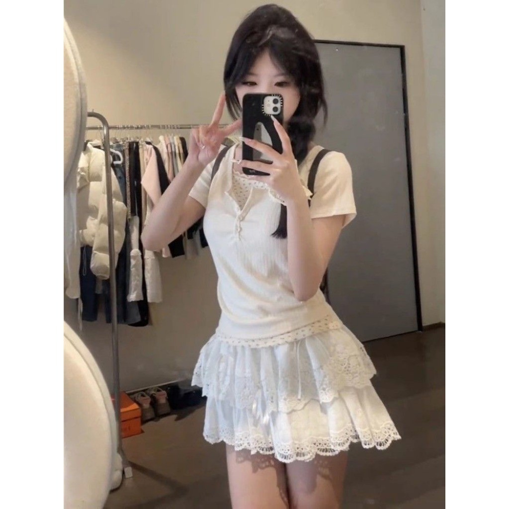 Meet-Adm Bộ Áo Thun + Chân Váy Nữ Bộ Đồ Hai Mảnh Viền Ren Thời Trang Mùa Hè Mới | BigBuy360 - bigbuy360.vn