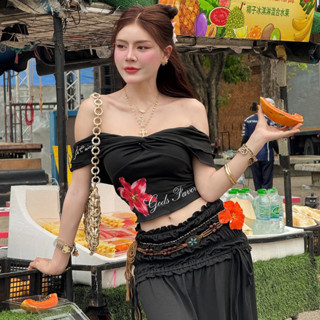 Áo Thun Trễ Vai Xoắn Ngực PINKSTORE29 In Hình Hoa Mùa Hè A52042