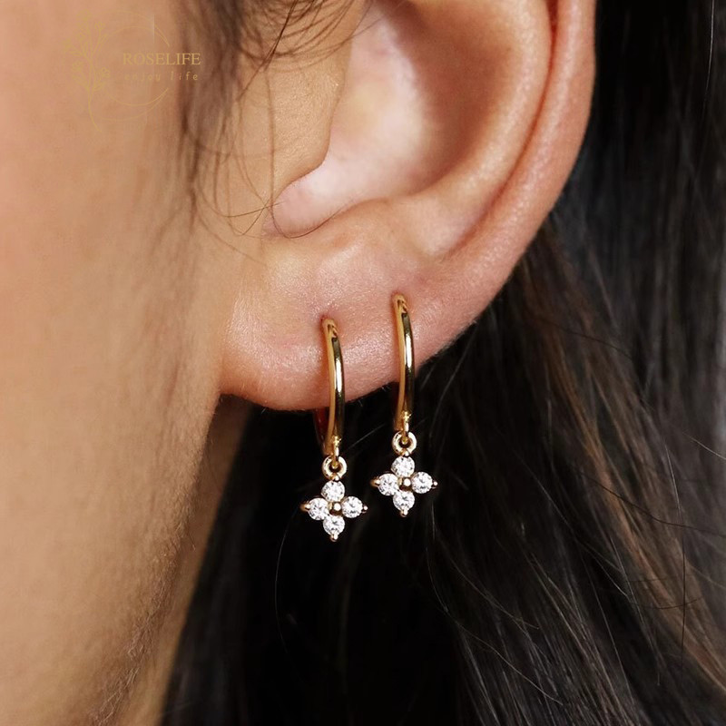 Roselife 1 Cặp Vàng 14k Sáng Pha Lê Cỏ Ba Lá Mặt Dây Chuyền Vòng Bông Tai Cho Nữ Bé Gái Mặc Hàng Ngày Chọn Miễn Phí Tai Phụ Kiện Trang Sức