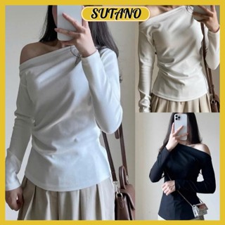 Áo thun nữ lệch vai dài tay nhún eo áo thun trễ vai phối ly chất tăm lông thỏ cao cấp A445 SUTANO