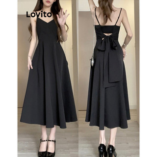 Đầm Lovito vải gân buộc dây thắt nơ sau lưng màu trơn phong cách thường ngày dành cho nữ L83ED179