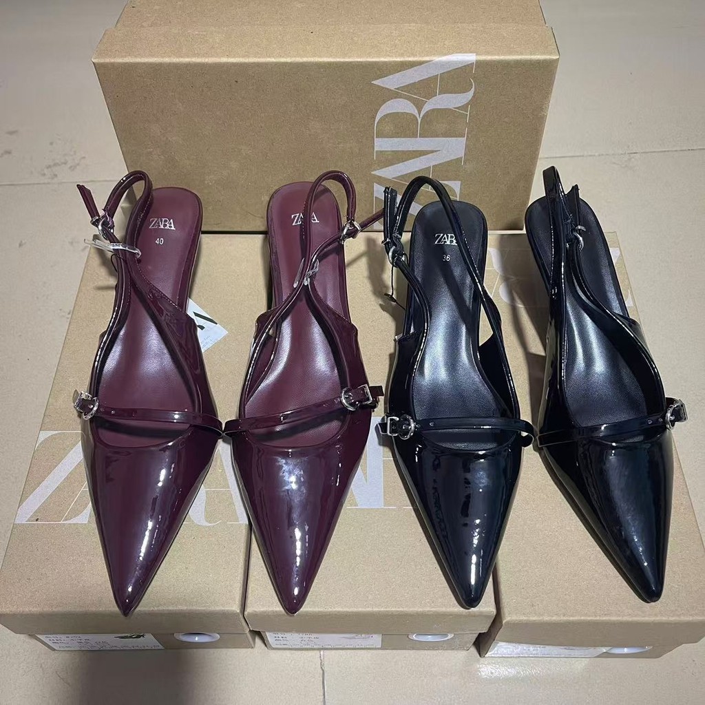 100% ZARA-Ladies Giày Cao Gót Bằng Sáng Chế Da Giày Sandal Retro Dây Đeo Bằng Mũi Nhọn Mules