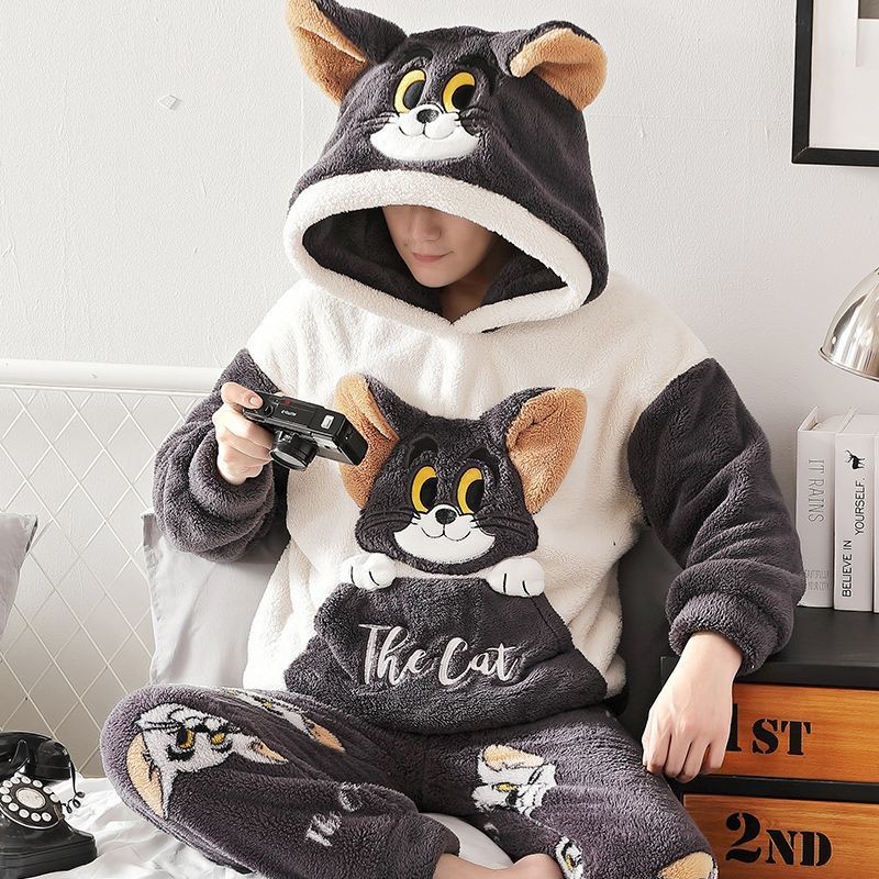 Đồ ngủ nam Bộ đồ mặc nhà hoạt hình nam flannel rộng rãi màu xanh lá cây dày nhung san hô