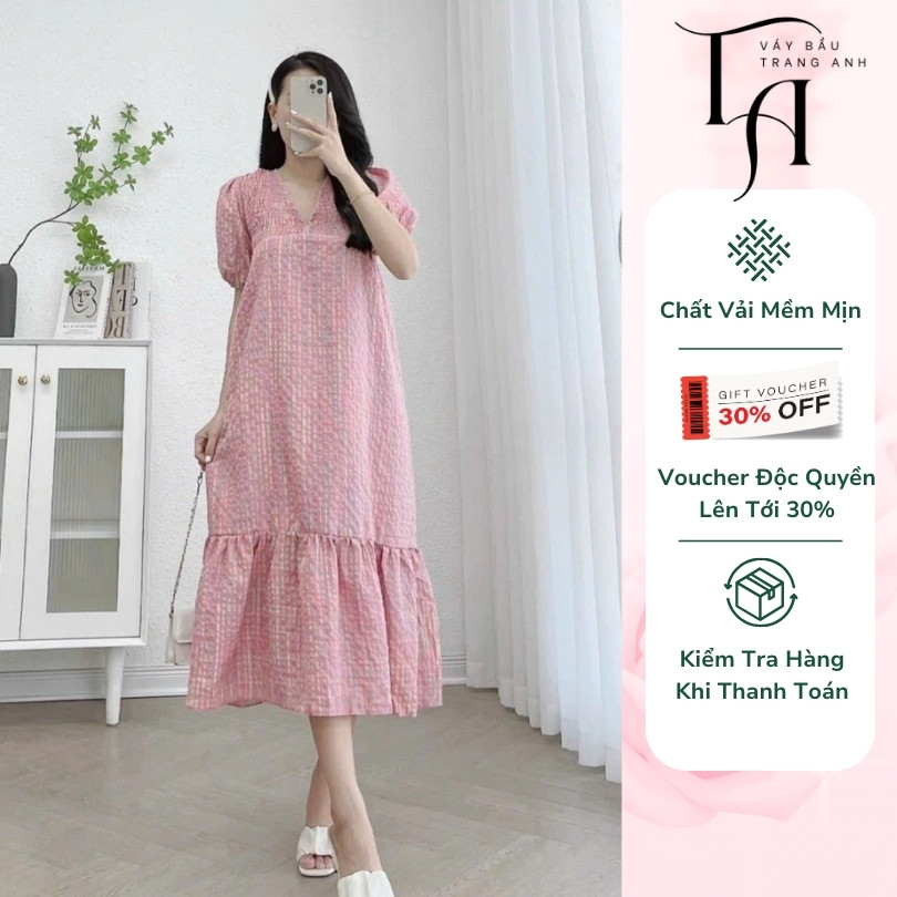Đầm bầu, Váy bầu babydoll kẻ caro cổ V thiết kế đi dự tiệc công sở dáng dài suông siêu xinh