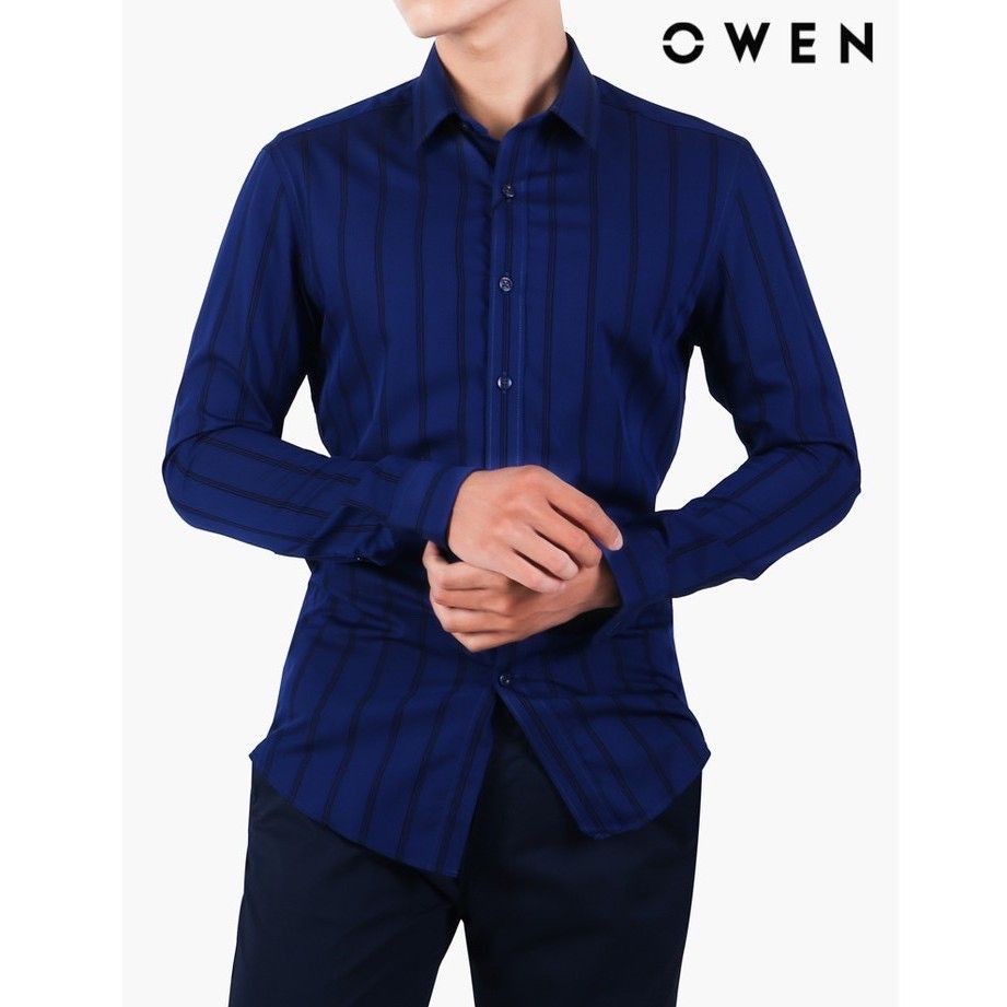Áo sơ mi owen dài tay màu xanh navy kẻ sọc đen chìm slim fit vải tre AS22664D