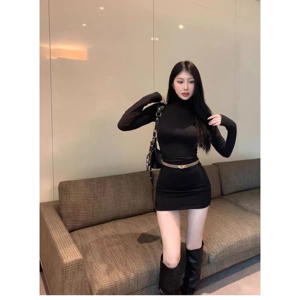Váy body đen ngắn Đầm Dệt Kim Nữ Dài Tay Cổ Lọ Thời Trang | BigBuy360 - bigbuy360.vn