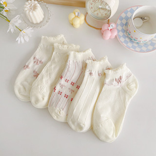 ( Màu Hồng Đậm Hơn Ảnh Xíu Ạ - Ảnh Thật Cuối ) Vớ Nữ Trắng Thêu Hoa Nơ Hồng Xinh Xắn Dễ Phối Trang Phục - Tất Nữ Ren Hoa