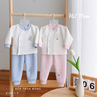  Bộ trần bông bé trai bé gái sơ sinh cổ kín Hi mom nền trắng phối màu chất trần bông dầy ấm giữ nhiệt cho bé 