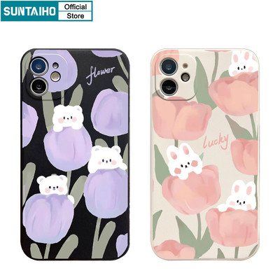 Suntaiho Đẹp Dễ Thương Vỏ Hoa Tulip Gấu Thỏ Họa Tiết Ốp lưng Iphone 15 14 12 13 11 Pro Max IP 7 8 Plus Iphon X Xs XR Xs Max Silicone Mềm Cao Cấp Chống Sốc Ốp Lưng