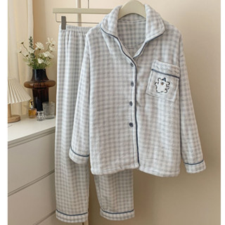 Đồ ngủ lông cừu san hô FDS Áo Cardigan nữ mùa thu đông dài tay flannel hoạt hình Ngọt Ngào Màu Xanh ấm chú chó Bộ đồ mặc nhà