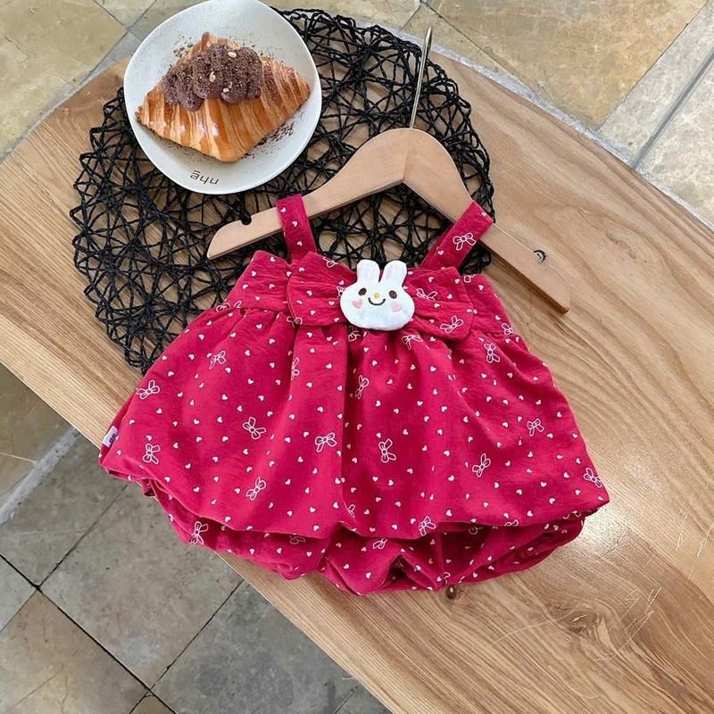 Bộ quần áo hai dây, dáng phồng họa tiết nơ chất đũi mềm mát,in kin cho bé gái size 6-16kg Cotton