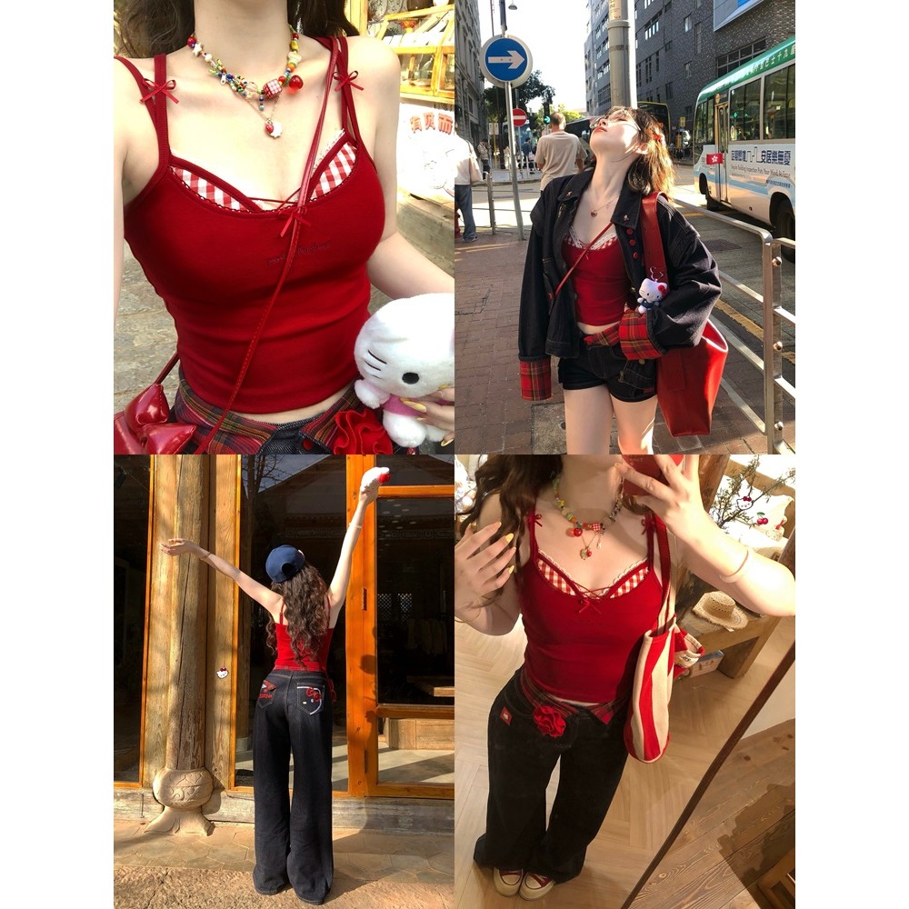 YIBEIKA Kiểm tra màu sắc Cross Corset Camisole Pure Desire Hot Girl Bộ đồ hai mảnh | BigBuy360 - bigbuy360.vn