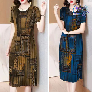  Rotyroya-áo Đầm ôm Cổ Tròn Tay Ngắn In Hình Cổ Điển Mỏng Phù Hợp Với Chiều Dài Đầu Gối Xếp Ly Nữ Trung Niên Công Sở Dự Tiệc Midi Đầm 
