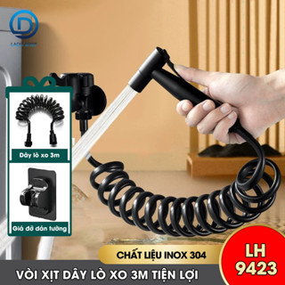 Vòi xịt vệ sinh nhà tắm, vòi xịt toilet inox 304 LH-9423 + kèm giá đỡ dán tường, dây lò xo kéo giản tới 3m bền bỉ