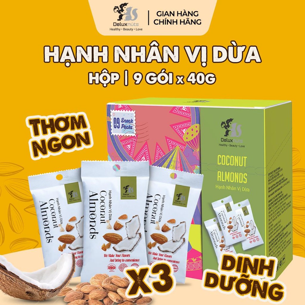 [Hỏa tốc] Hộp 9 Gói Hạnh Nhân Vị Dừa 360g Deluxnuts | Hạt Dinh Dưỡng, Snack Ăn Vặt (Tổng Trọng Lượng 360g)