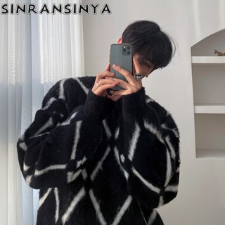 Sinransinya Áo Len Nam Mới Nhật Bản Retro Cổ Điển Cao Cấp Haircoat Hình Học Họa Tiết Thiết Kế Giáng Sinh Thanh Niên Cặp Đôi Thời Trang Dài Tay Top