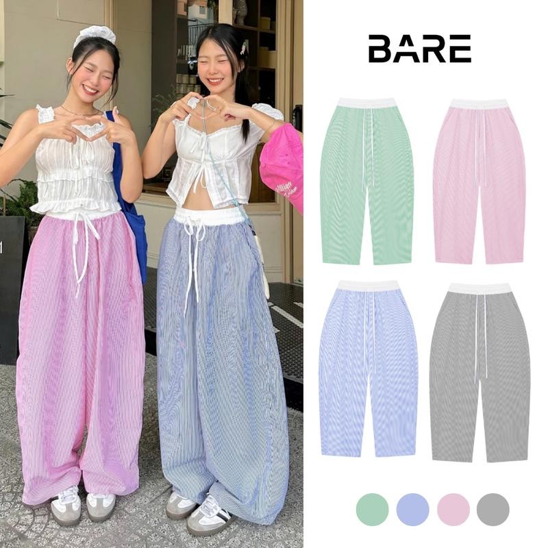 BARE_Quần Ống Rộng Kẻ Sọc Mềm Mịn Thoáng Mát, Quần Dài Harem Kẻ Sọc Phối Cạp Trắng Dây Rút_Q099 Nữ O