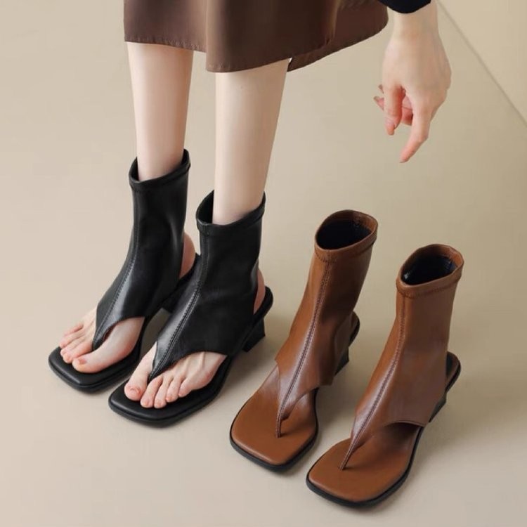 Giày Sandal Đi Biển Flip-Toe Bohemian Giày Sandal Nữ Cao Cấp Dày Gót La Mã Co Giãn Ngắn