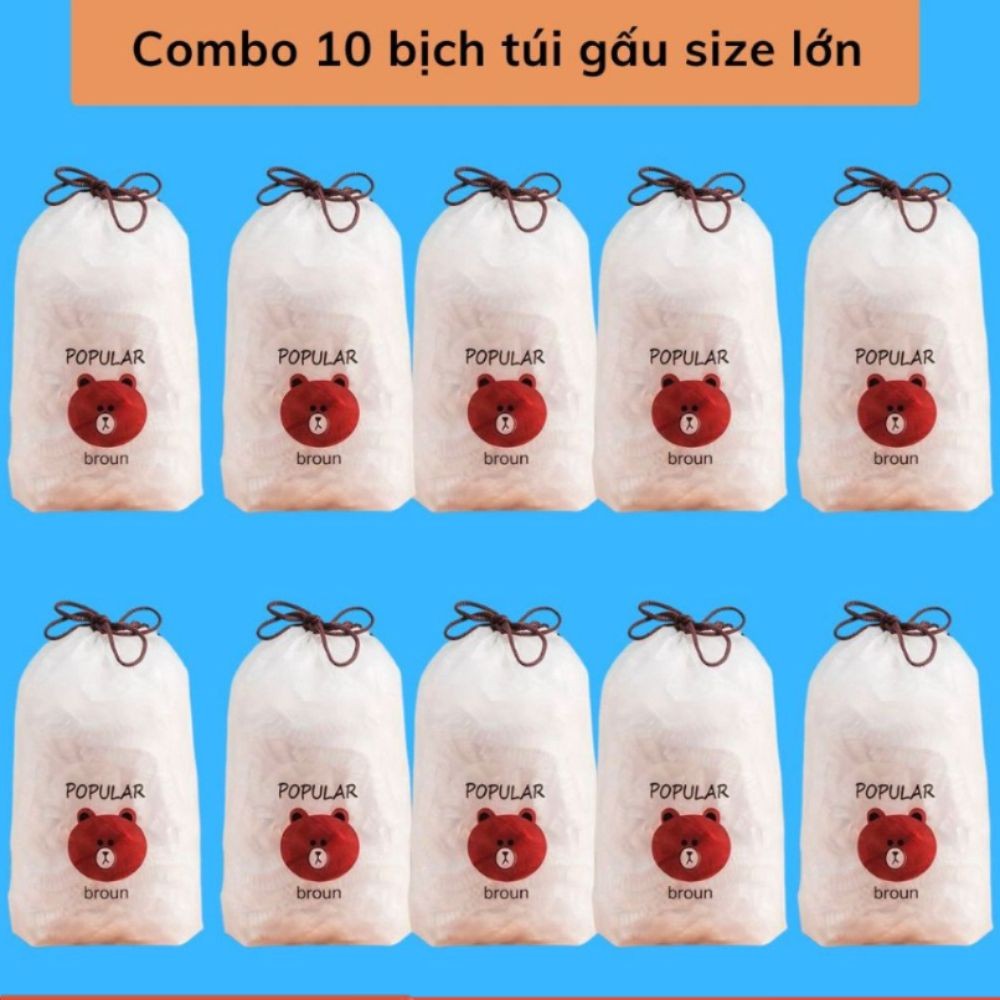 [COMBO 10 TÚI] Màng bọc thực phẩm co giãn siêu dai có chun kèm túi gấu chất liệu PE- Mũ chùm đầu dùn