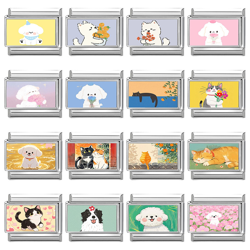 Cartoon Pet Charm Teddy Cat Shiba Inu Italian Charm Links Fit 9mm Bracelet Stainless Steel Diy Jewel