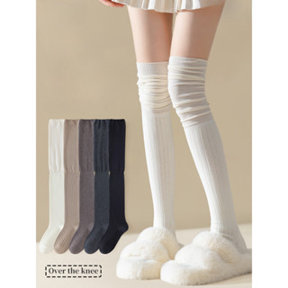 OFF WHITE Tất cao đến đầu gối trắng mùa thu đông dành cho nữ JK Chân dài có bốt Vớ dài sọc dọc chống trượt Tất đùi ấm áp bằng Cotton nguyên chất