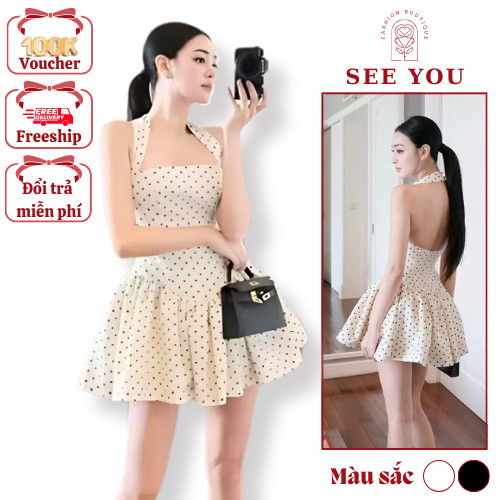 Váy Chấm Bi Hot Girl Đi Tiệc See You Thiết Kế Cổ Yếm Có Mút Ngực Hở Lưng Dáng Xòe Có Lót Trong Dạo Phố Sang Chảnh