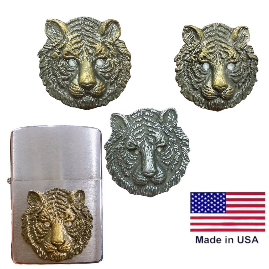 Eblem dán trang trí Zippo Mỹ chủ đề đầu Hổ Chuẩn Zin, chất liệu Đồng thau Solid Brass