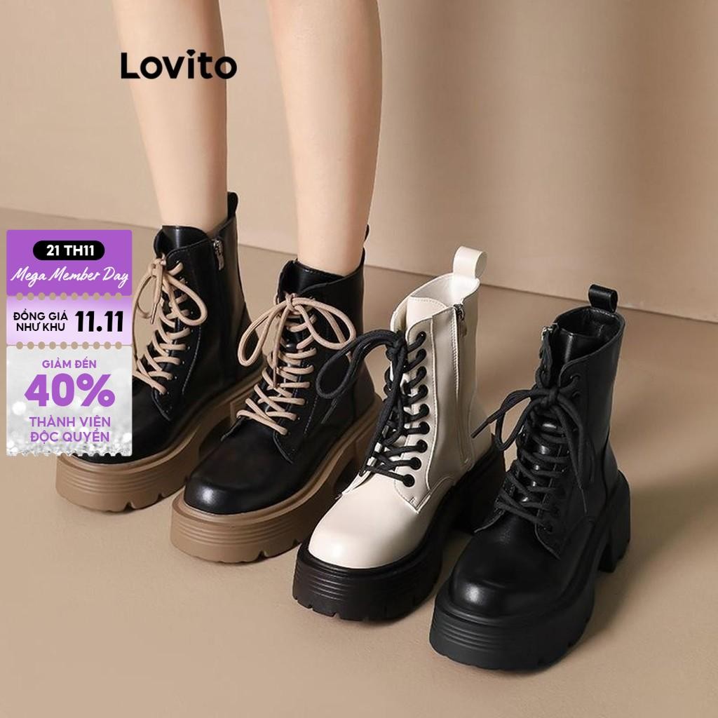 (Lovito Refine) Giày bốt đế dày buộc dây màu trơn thời trang Anh dành cho nữ LFA46382