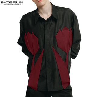 Incerun Nam Vintage Họa Tiết Hoa Chắp Vá Màu Chặn Áo Sơ Mi Ve Áo