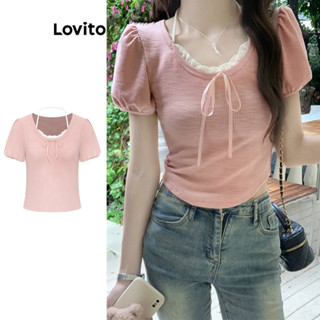 Áo thun Lovito chắp vá giả 2 trong 1 có dây buộc phong cách thanh lịch cho nữ L92AD944
