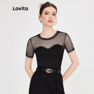 Áo thun Lovito phối lưới tương phản màu trơn thanh lịch cho nữ L51ED046 (màu đen)