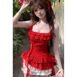 sẵn s-Set váy hai mảnh áo hai dây màu đỏ chấm bi tua rua mix chân váy ngắn xoè màu trắng cho nữ