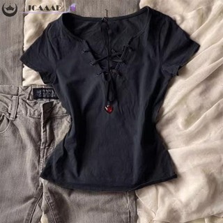 Jcaaap American Gợi Cảm Cổ Chữ V Ren-up Áo Thun Nữ Thời Trang Y2K Tay Ngắn Slim Áo Thun Gdo