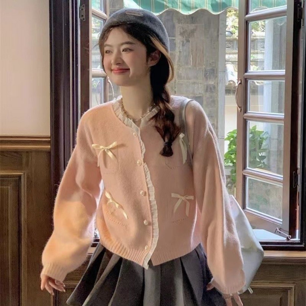 TURETREE  Áo Len Cardigan  Ren Nữ Áo Khoác Dệt Kim Ngắn Nơ Dáng Rộng Thời Trang Mới Fashion | BigBuy360 - bigbuy360.vn