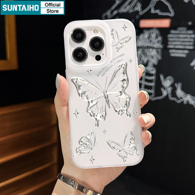 Suntaiho Ốp Lưng iPhone Đẹp sang chảnh Dễ Thương Trong Suốt In hình Vỏ Kim Loại Họa Tiết Bướm Trong Suốt Mờ nhám Ốp điện thoại TPU Silicon Mềm Cao Cấp Mờ Dành Chống Sốc Cho Iphone 16 15 14 12 13 11 Pro Max IP 7 8 Plus Iphon X Xs XR Xs Max