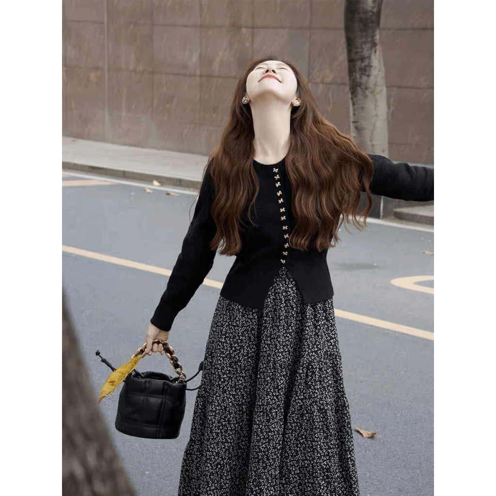 【Bess's house】áo cardigan len+chân váy chữ a，set đồ nữ mùa đông，set đồ nữ sang chảnh，Áo cardigan dệt